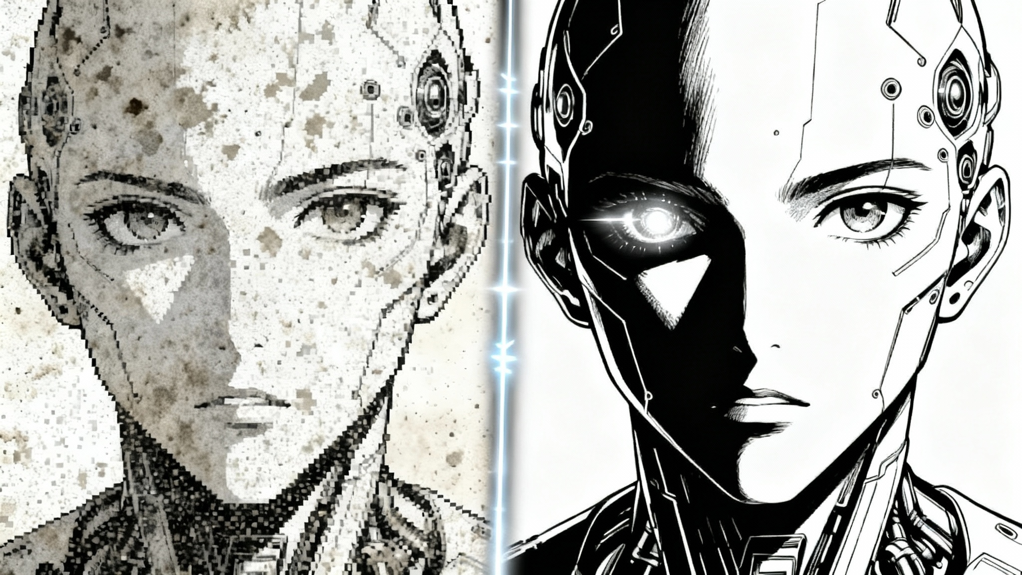 A before-and-after image of a manga panel being cleaned. The left side is pixelated and gray, while the right side is perfectly crisp with sharp black lines and a pure white background.