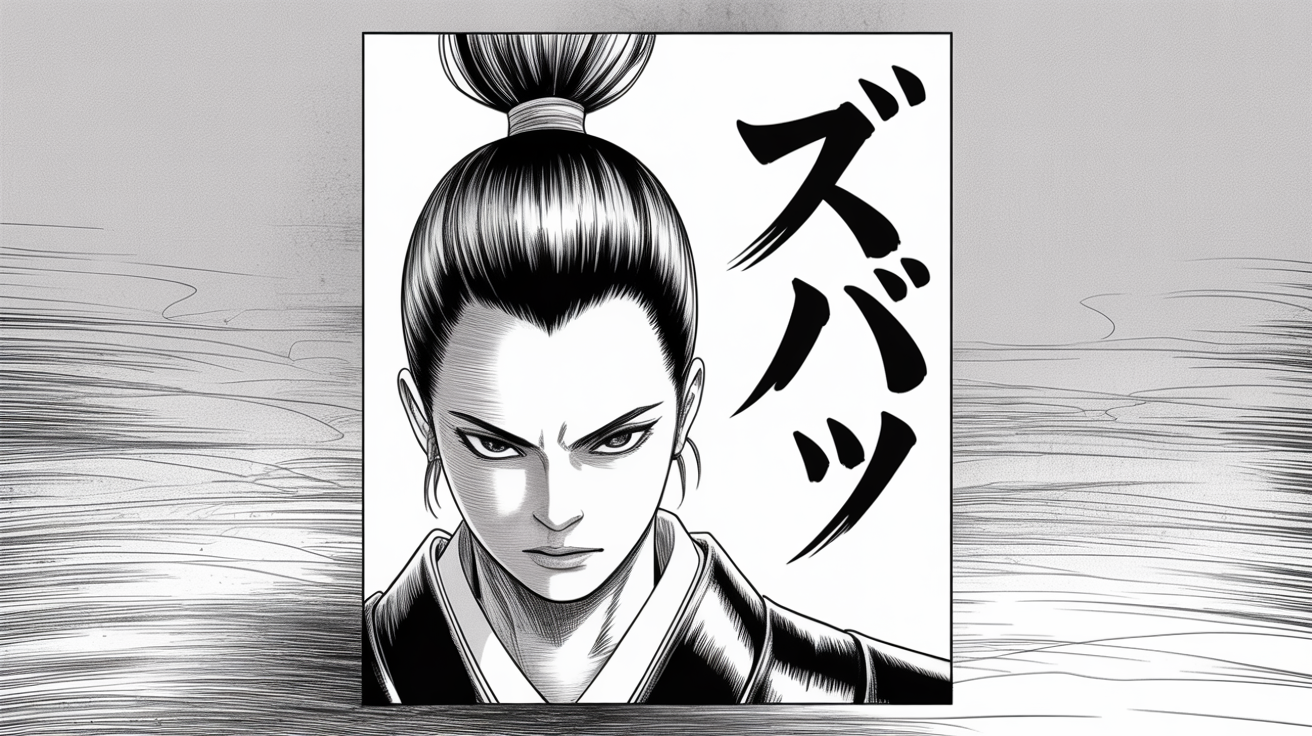 A high-resolution, perfectly clean black and white manga panel showing a close-up of a female samurai warrior, used as a mockup against a plain white background.