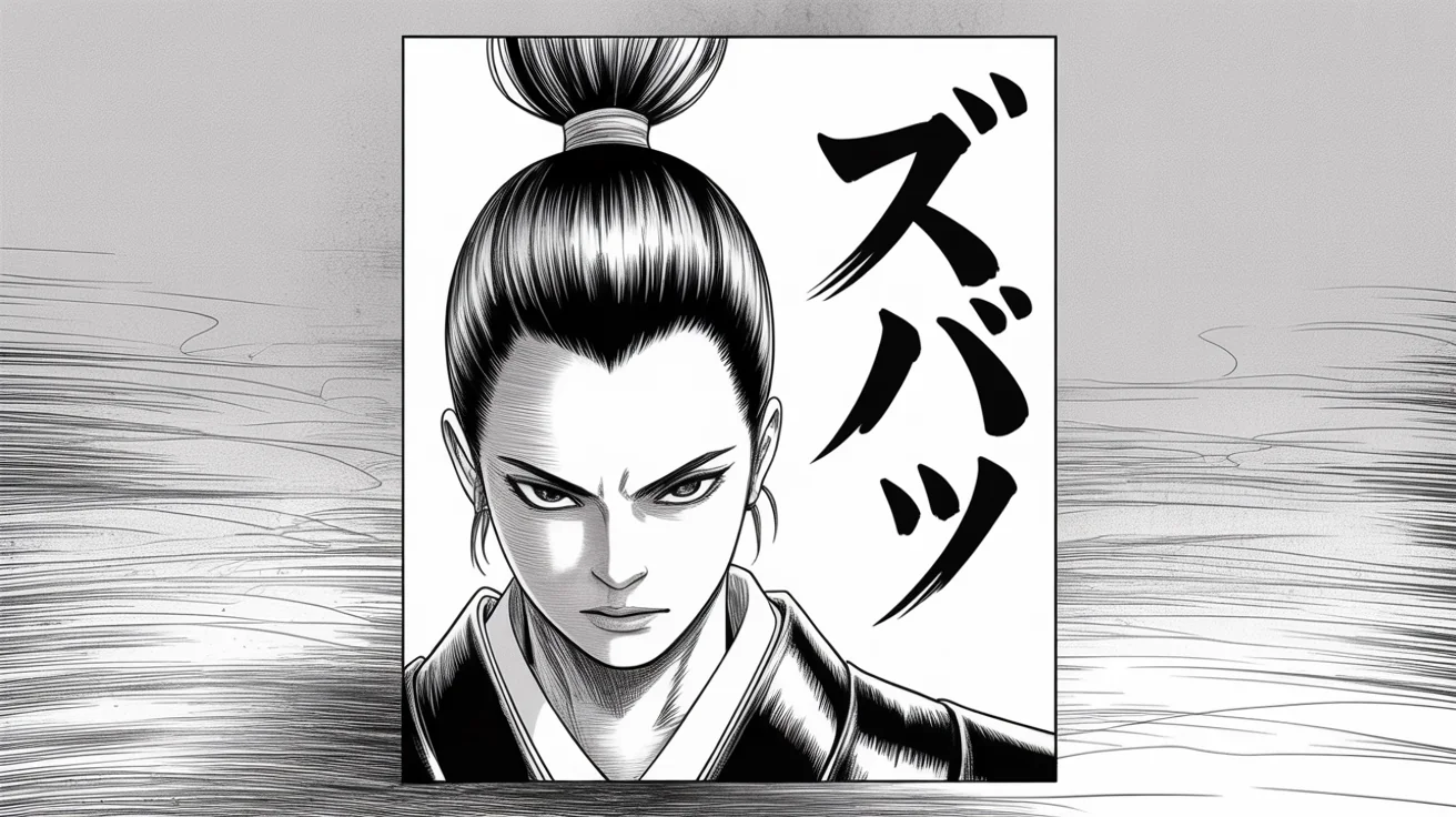 A high-resolution, perfectly clean black and white manga panel showing a close-up of a female samurai warrior, used as a mockup against a plain white background.