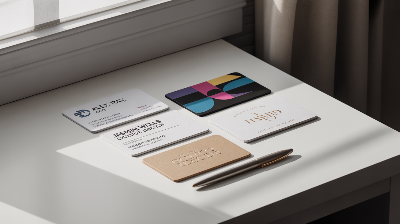 A collection of professionally designed business cards with different modern styles, artfully arranged on a clean white surface, showcasing the final output of a design tool.