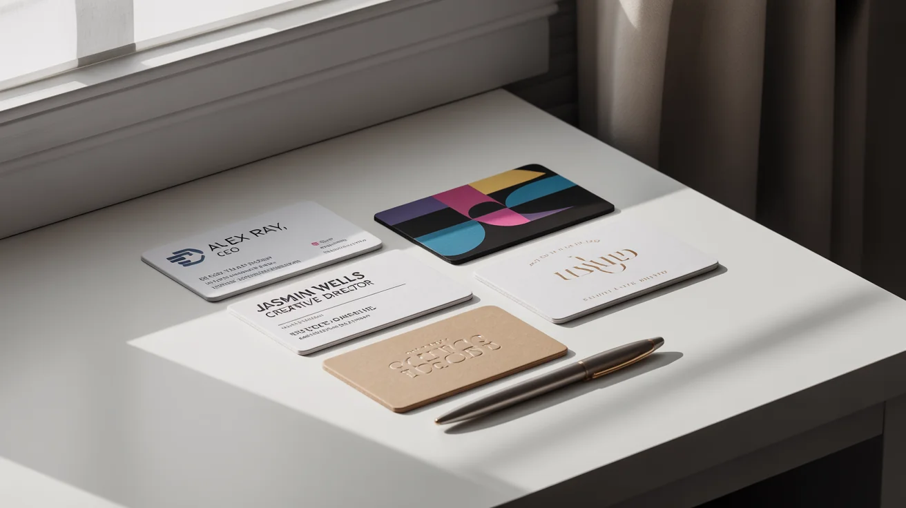 A collection of professionally designed business cards with different modern styles, artfully arranged on a clean white surface, showcasing the final output of a design tool.