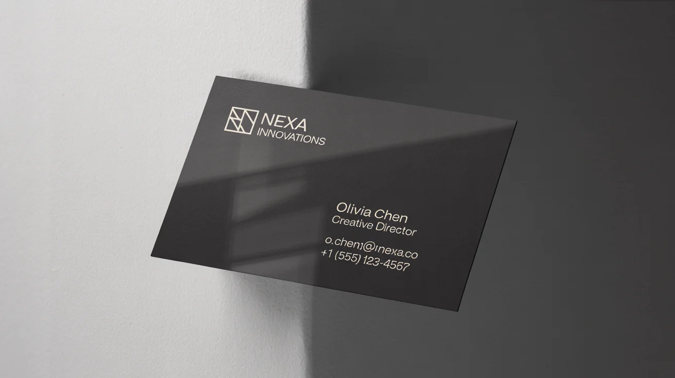 A professional mockup of a modern black and gold business card for 'NEXA INNOVATIONS' against a clean white background.