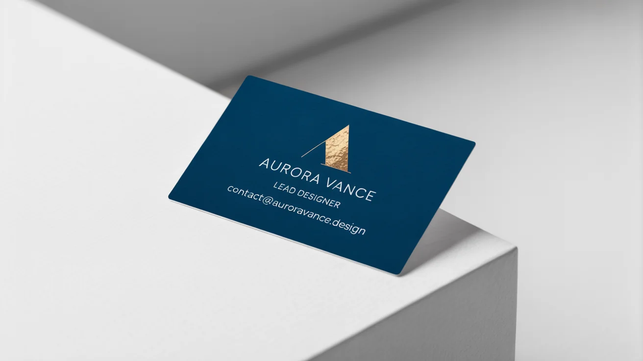 A photorealistic mockup of a modern, dark navy blue business card with gold foil accents, displayed on a clean white background. The card shows a fictional name and title.