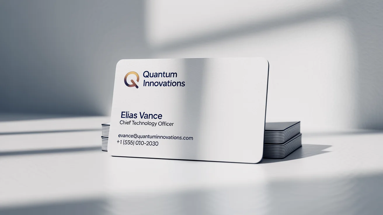 A modern, professional business card for 'Quantum Innovations' belonging to 'Elias Vance', featuring a navy blue and gold design, displayed on a clean white background.