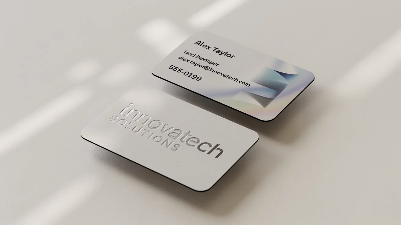 A photorealistic mockup of two modern, minimalist business cards for 'Innovatech Solutions' featuring the name 'Alex Taylor', displayed on a clean white background.