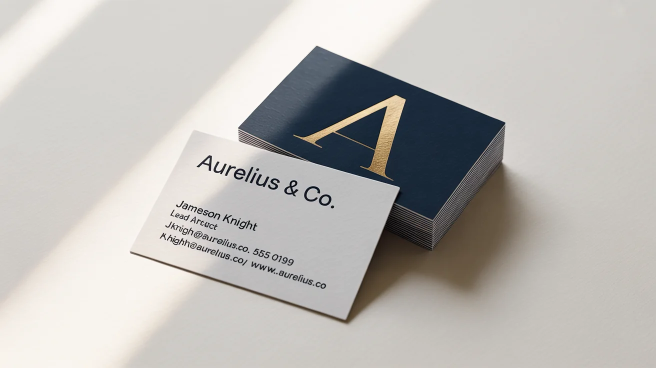 A professional mockup of a modern business card for 'Aurelius & Co.', featuring the name 'Jameson Knight', designed with navy blue, white, and gold foil elements on a white background.