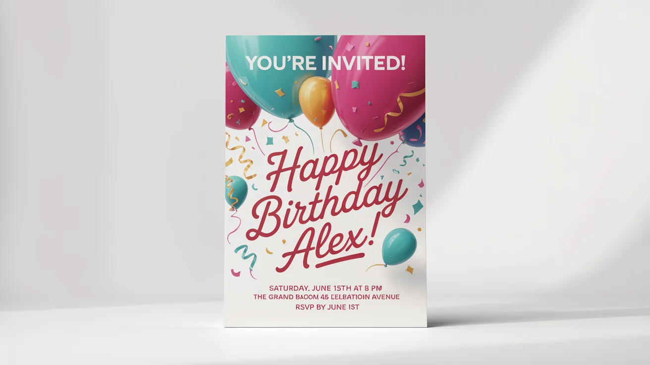 A modern and colorful birthday poster mockup against a white background, with text that reads 'Happy Birthday Alex!' and includes fictional party details.