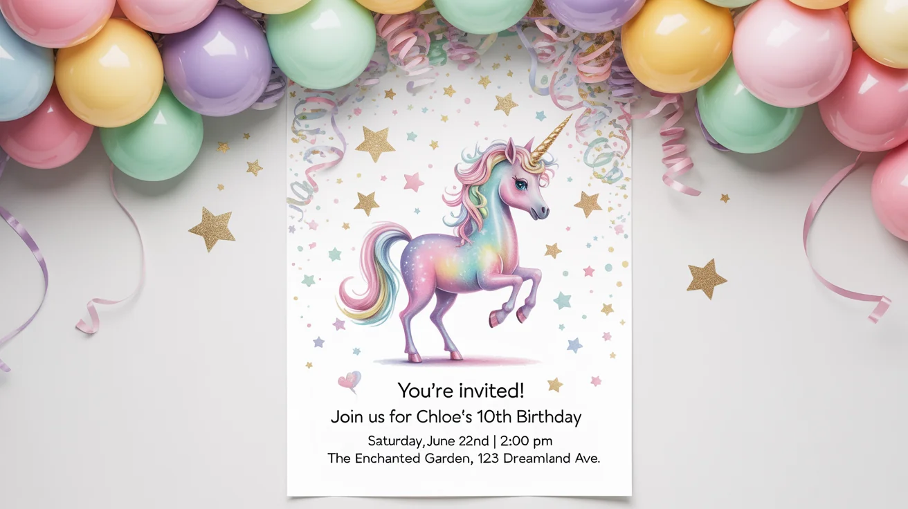 A mockup of a custom birthday party poster for a 10-year-old named Chloe. The design features a pastel unicorn, balloons, and confetti on a white background, with all event details clearly legible.