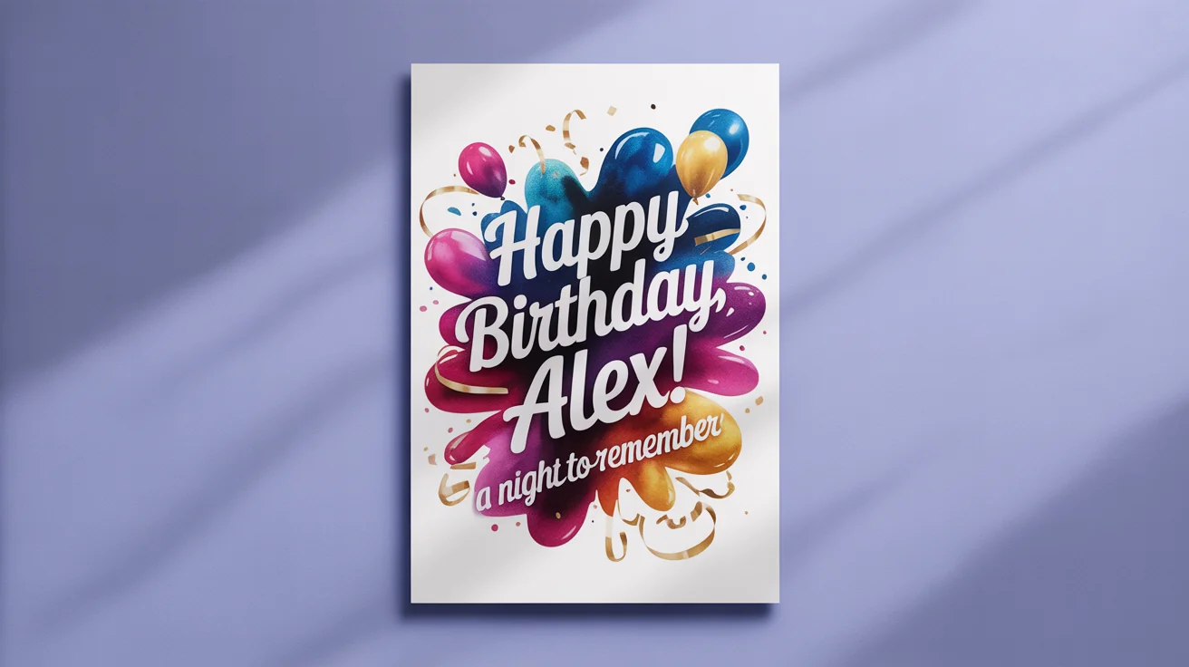 A mockup of a unique birthday poster with 'Happy Birthday, Alex!' written in a playful font, set against a colorful watercolor background with balloons and confetti.