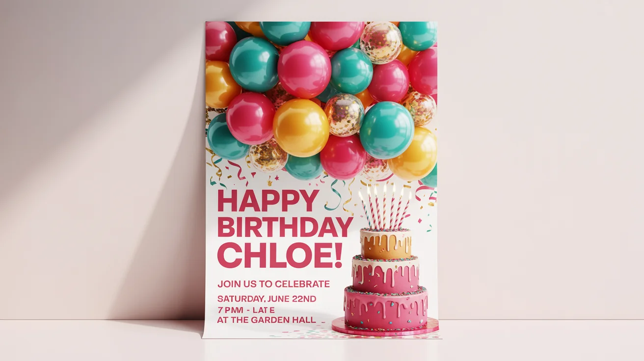 A modern birthday poster for 'Chloe's' birthday celebration, featuring colorful balloons and confetti on a vibrant background. The poster invites guests to a party on Saturday, June 22nd.