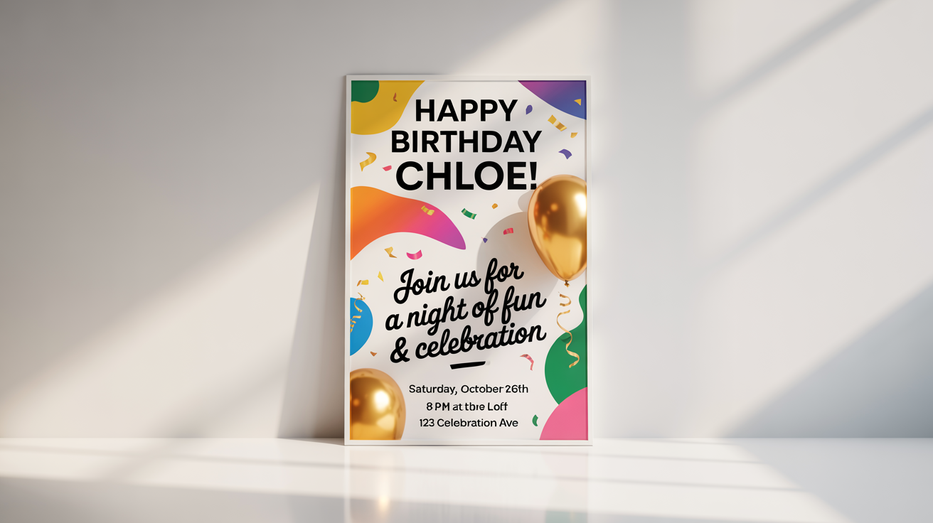 A modern and colorful birthday poster mockup for 'Chloe's' birthday celebration, featuring event details and set against a plain white background.