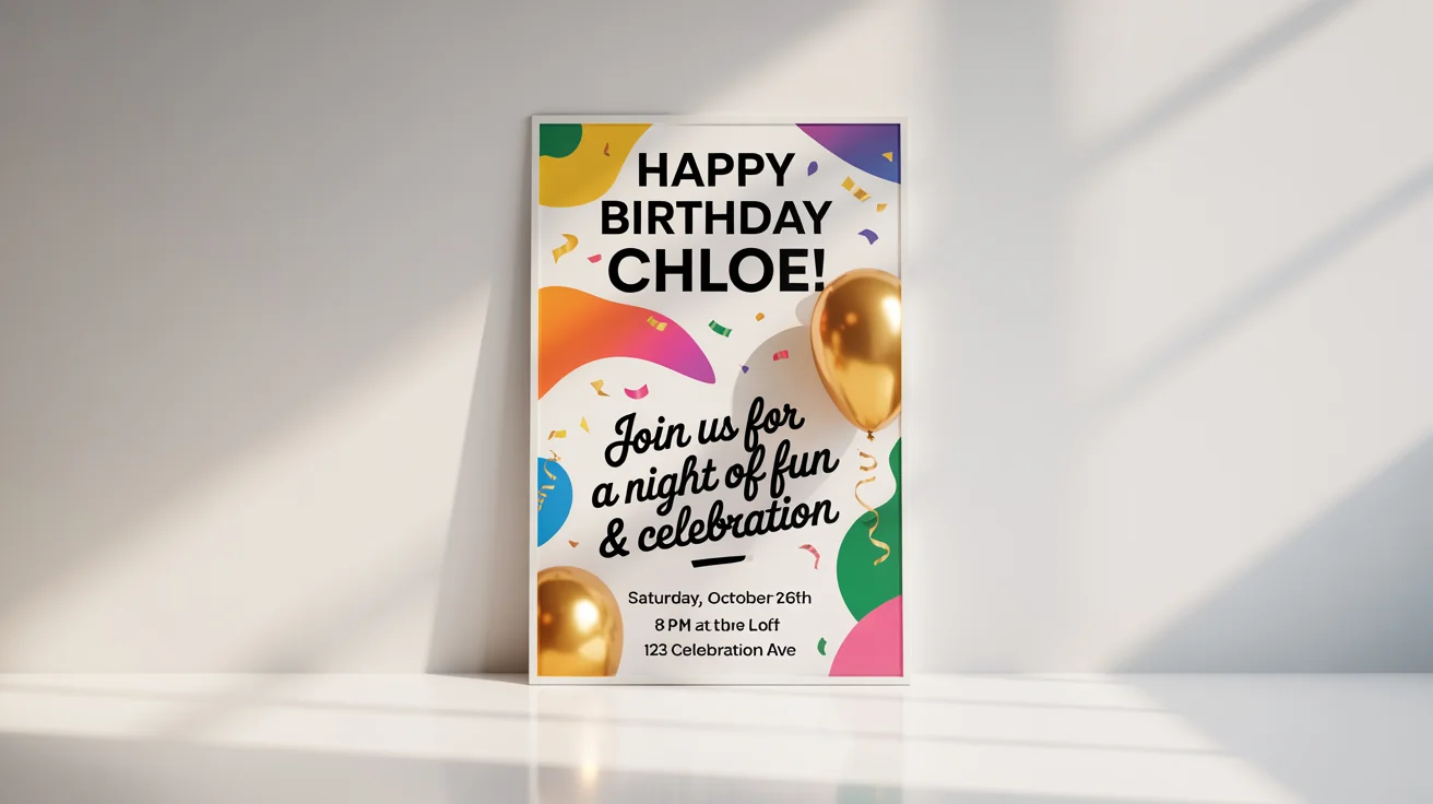 A modern and colorful birthday poster mockup for 'Chloe's' birthday celebration, featuring event details and set against a plain white background.