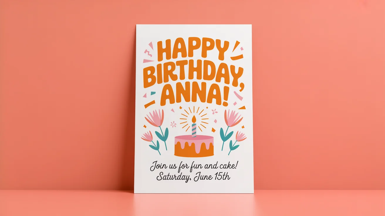 A modern birthday poster mockup on a white background. It features the text 'HAPPY BIRTHDAY, ANNA!' in large, colorful letters, with illustrations of a cake and confetti.