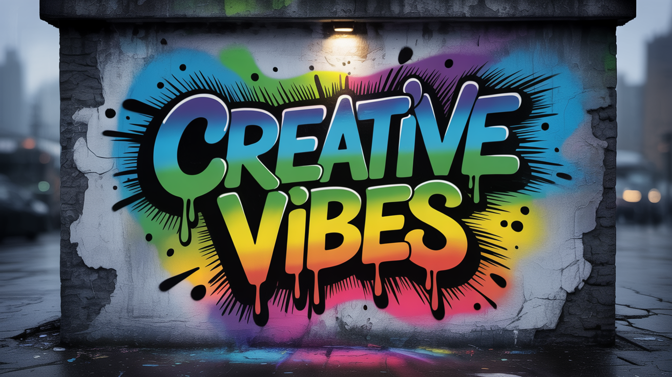 Eye-catching spray paint art of the words 'CREATIVE VIBES' in bright neon colors on a textured concrete wall, demonstrating a graffiti text effect.
