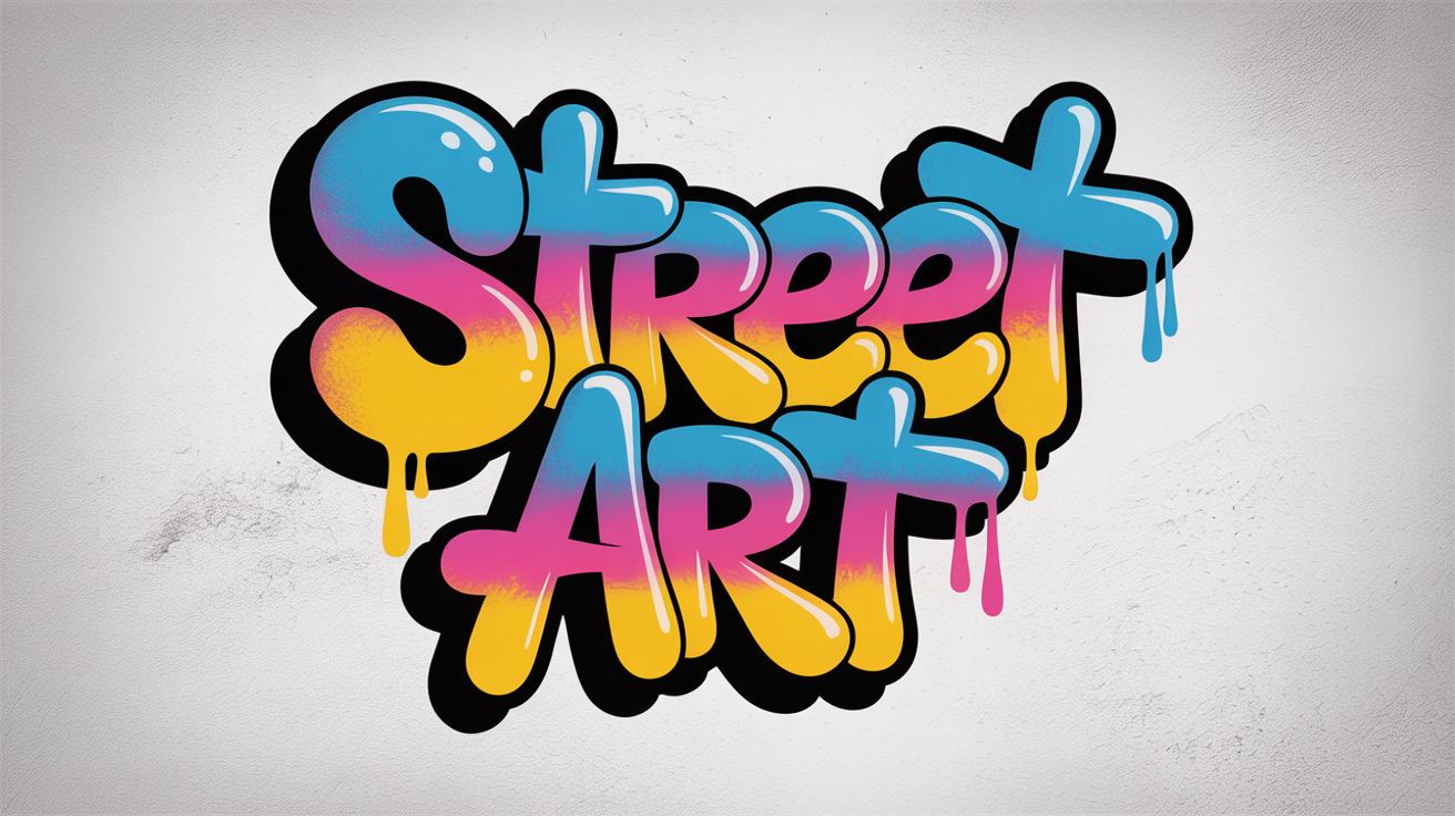 A vibrant graffiti art piece on a concrete wall, with the words 'STREET ART' spray-painted in a blue, pink, and yellow gradient.