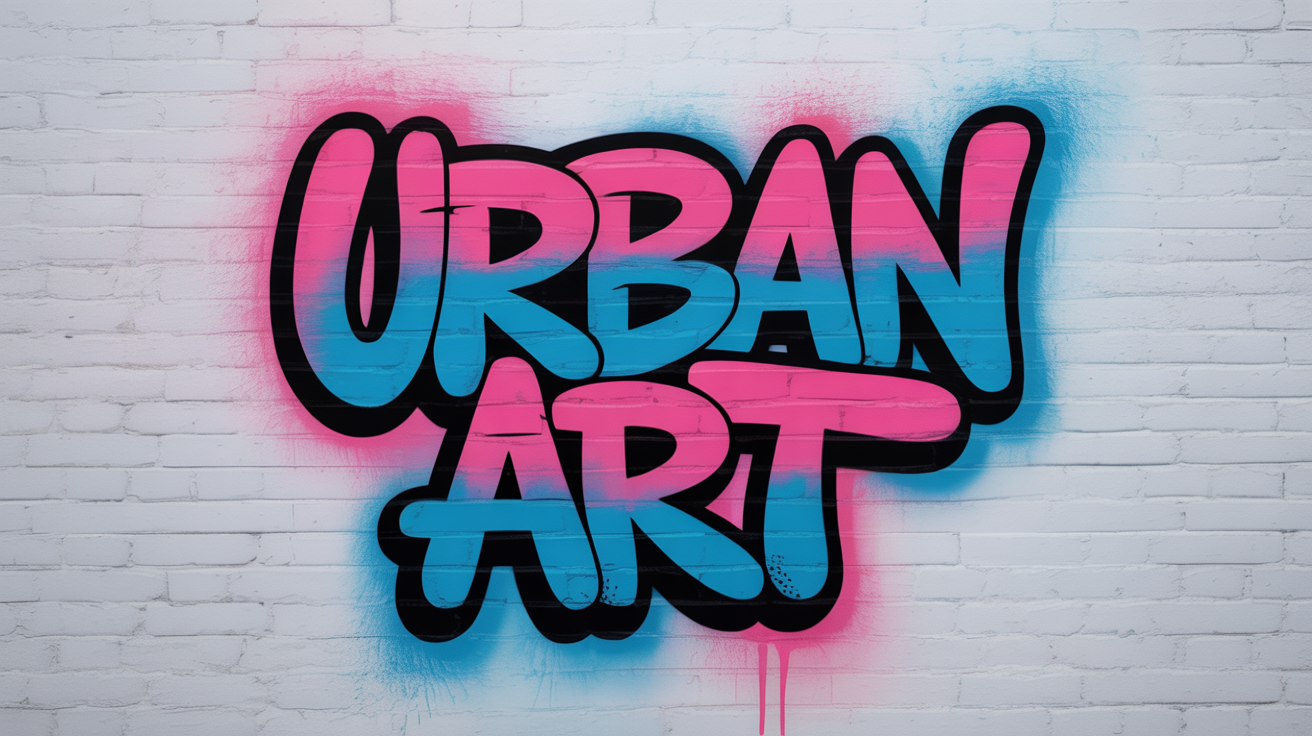 A close-up mockup of the words 'URBAN ART' spray-painted in a vibrant pink and blue graffiti style on a clean white brick wall.