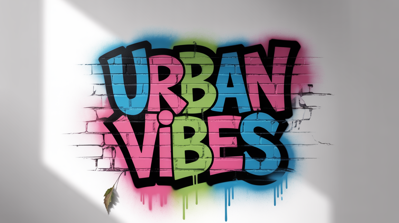 A realistic mockup of the words 'URBAN VIBES' spray-painted in a vibrant blue, pink, and green graffiti style on a dark brick wall.