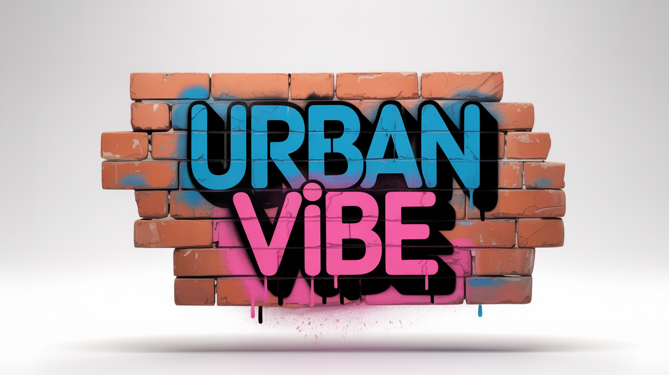 A design mockup featuring the words 'URBAN VIBE' in a vibrant blue and pink graffiti style, spray-painted onto a section of a red brick wall, all set against a clean white background.
