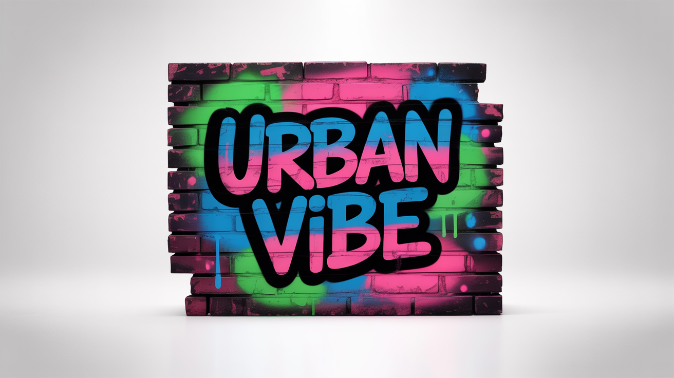 The words 'URBAN VIBE' spray-painted in a colorful graffiti style on a red brick wall, presented as a mockup against a stark white background.