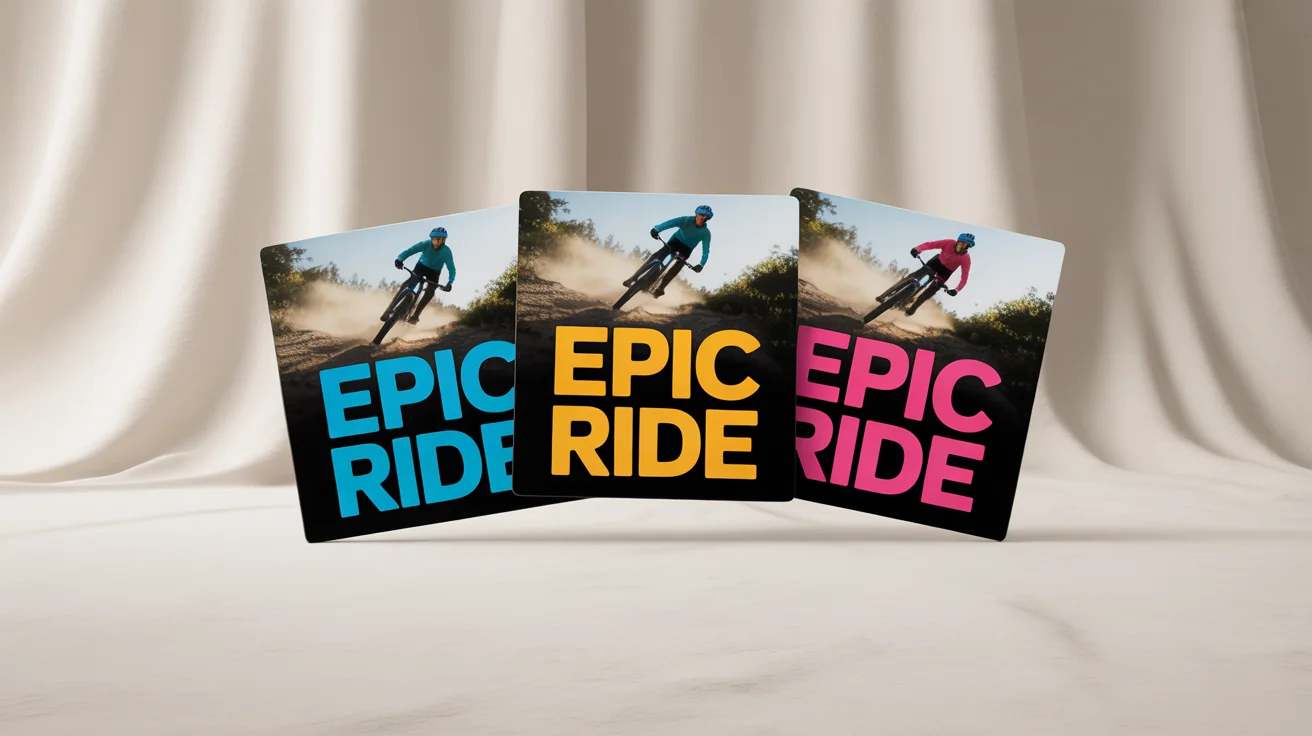 Three video thumbnails arranged in a fan shape, each showing a mountain biker. The text 'EPIC RIDE' is shown in a different color on each thumbnail, blue, yellow, and pink, demonstrating a text color changing feature.