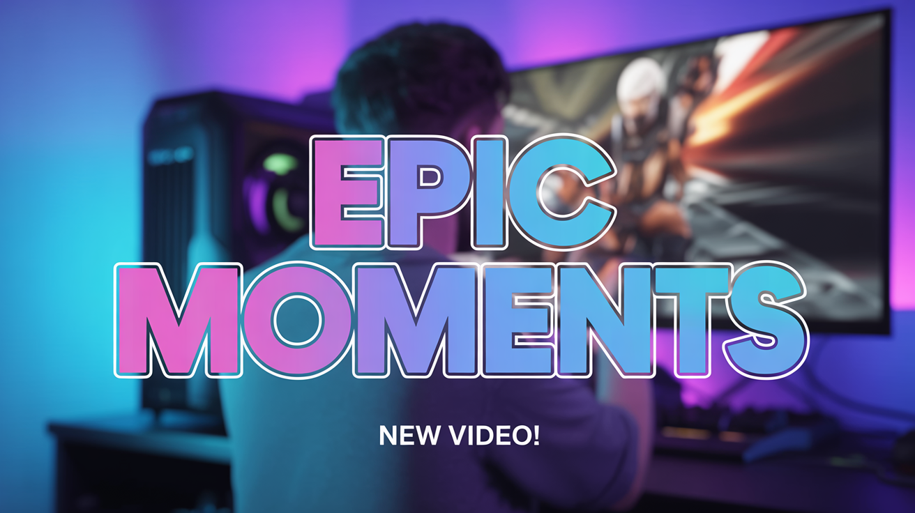 A mockup of a YouTube thumbnail with the text 'EPIC MOMENTS' written in a pink-to-cyan gradient. The thumbnail is set against a dark gaming setup background and presented on a white backdrop to highlight the text color change feature.