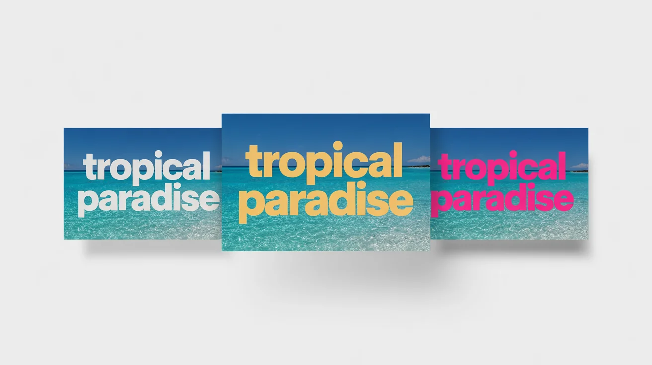Three YouTube thumbnail examples for a travel vlog, each with the same beach background but with the text 'TROPICAL PARADISE' in three different colors: white, yellow, and pink, demonstrating a text color changer.