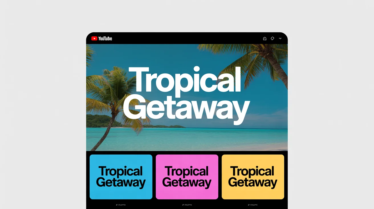 A mockup demonstrating a thumbnail text color changer, showing a main thumbnail of a tropical beach with the text 'TROPICAL GETAWAY' in white, and three variations below it with the text in cyan, magenta, and yellow.