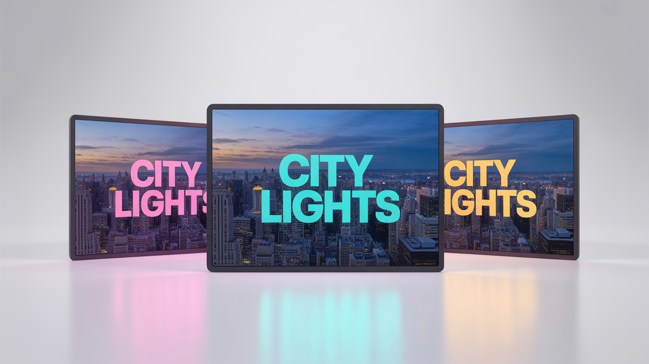 A mockup showing three identical video thumbnails with the text 'CITY LIGHTS'. Each thumbnail features a different text color, pink, cyan, and yellow, demonstrating a text color changer tool.