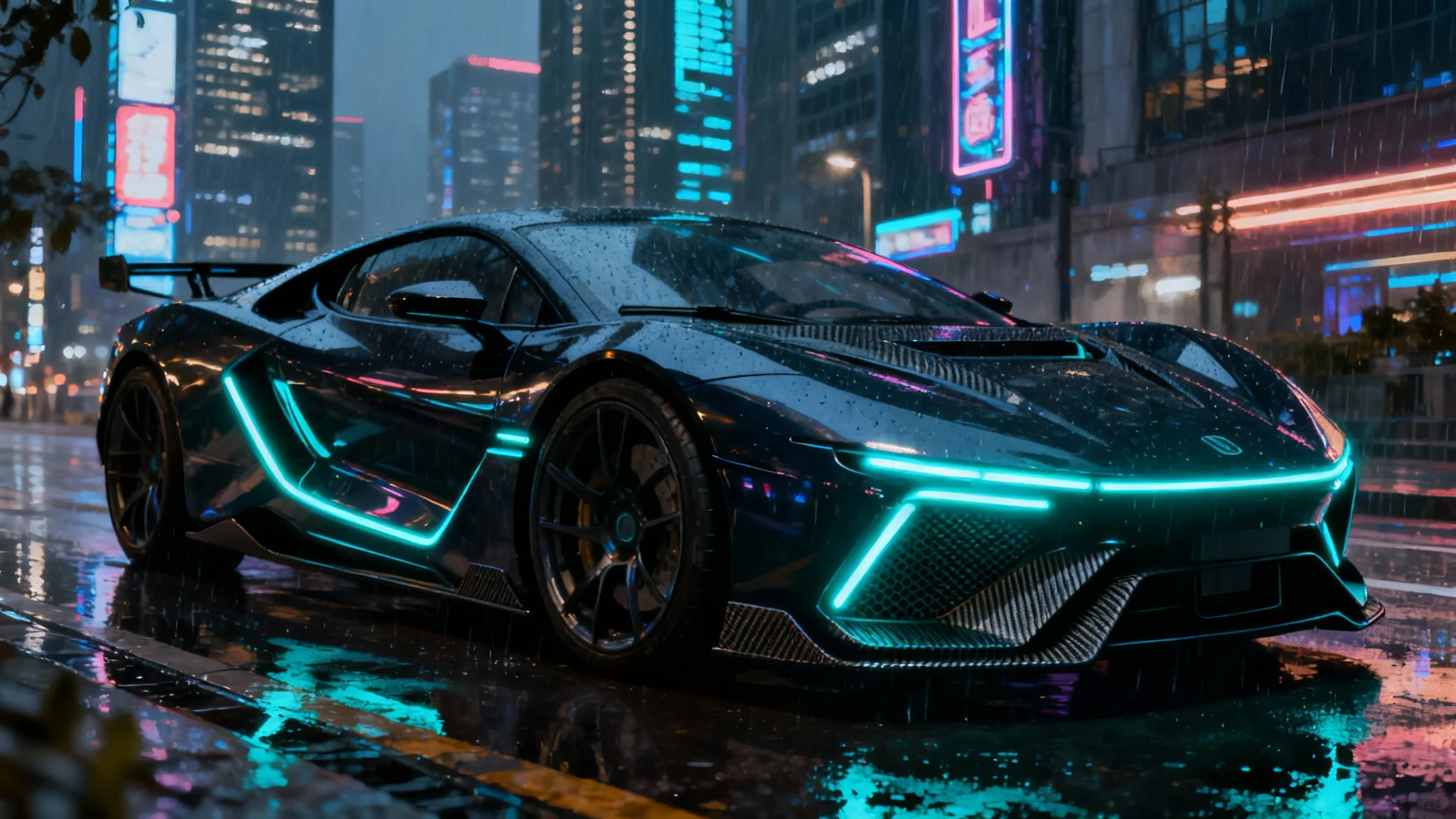 A stunning piece of concept art showing a dark, futuristic hypercar parked on a wet street in a city at night, with neon lights reflecting off its sleek surface.