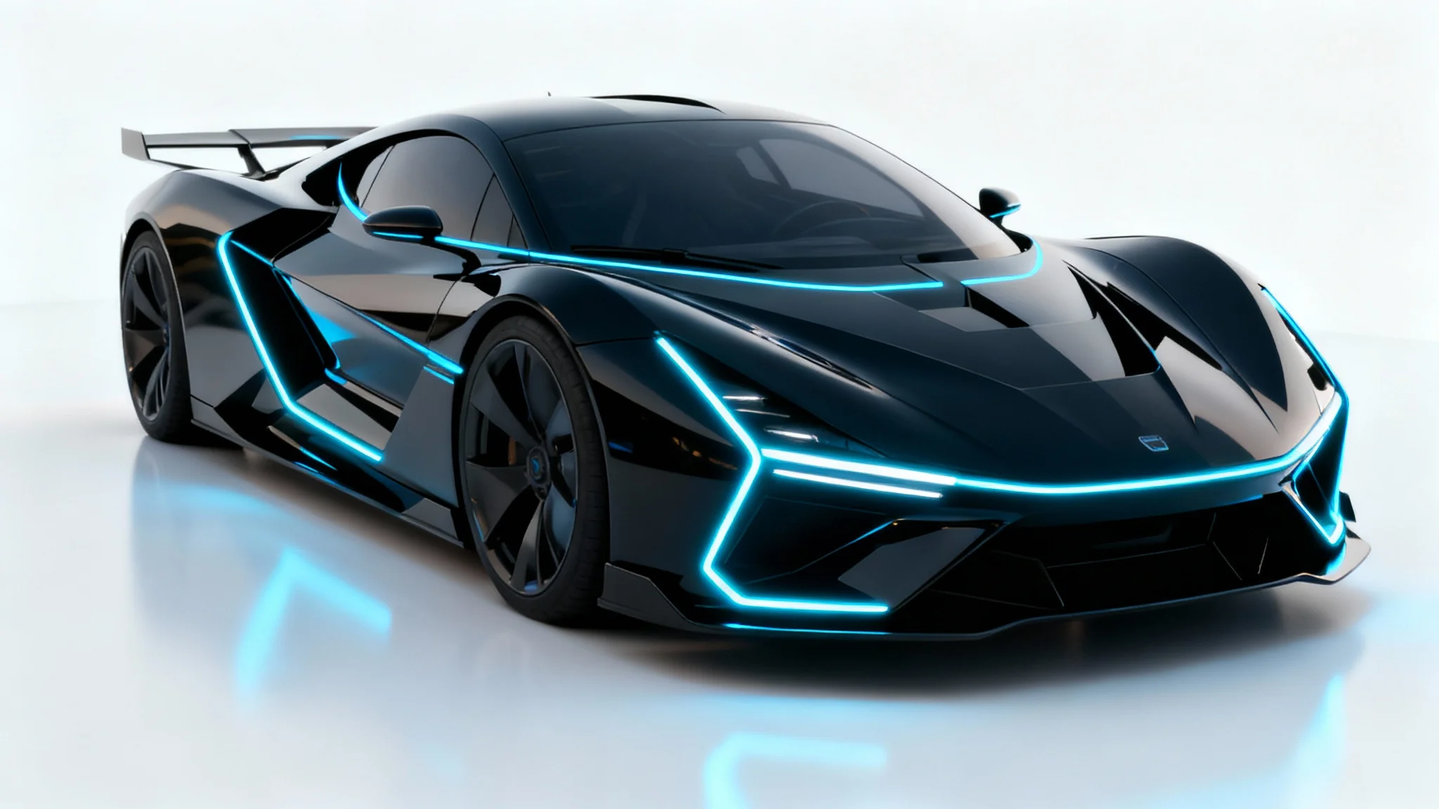 A photorealistic concept art image of a futuristic black electric hypercar with glowing blue lines, posed against a stark white background in a studio setting.