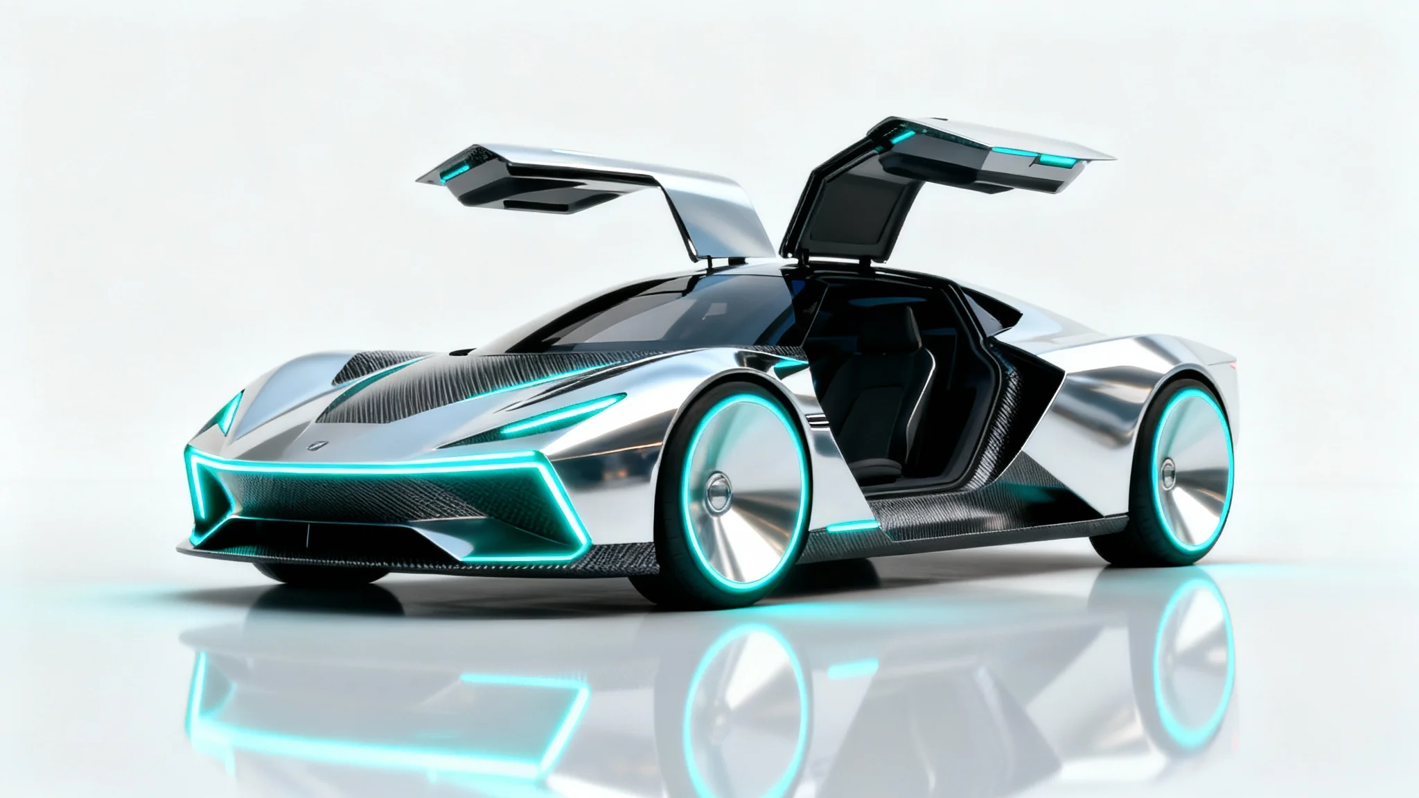 A piece of vehicle concept art showing a futuristic chrome and carbon fiber sports car with glowing cyan lights, set against a plain white background.