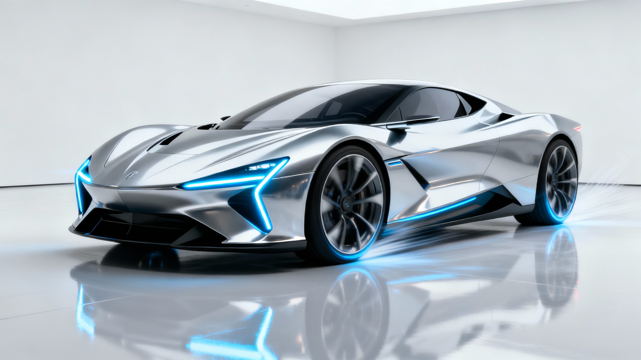 Futuristic vehicle concept art showing a sleek, silver electric sports car with glowing blue lights, set against a minimalist white studio background.