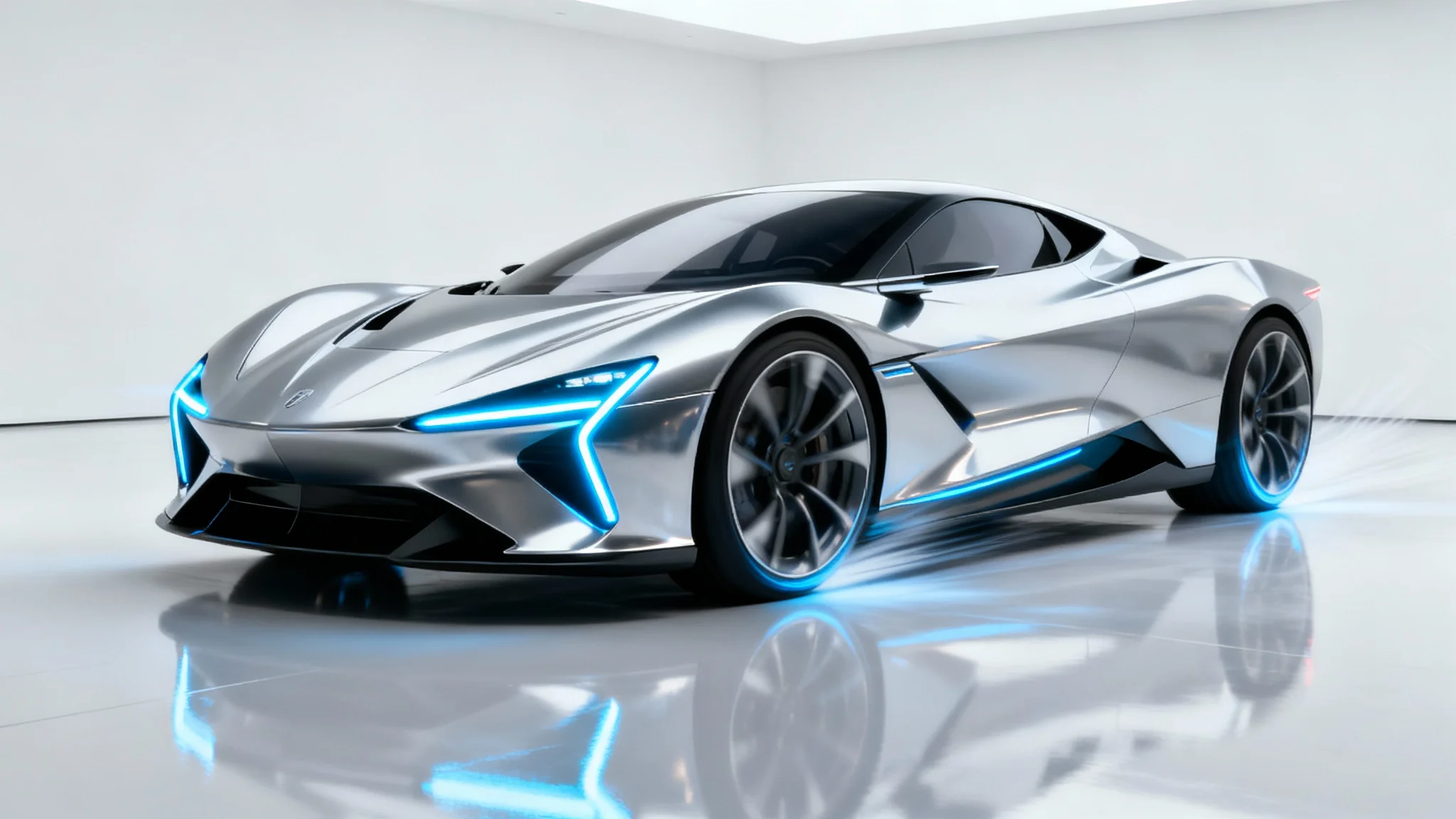 Futuristic vehicle concept art showing a sleek, silver electric sports car with glowing blue lights, set against a minimalist white studio background.