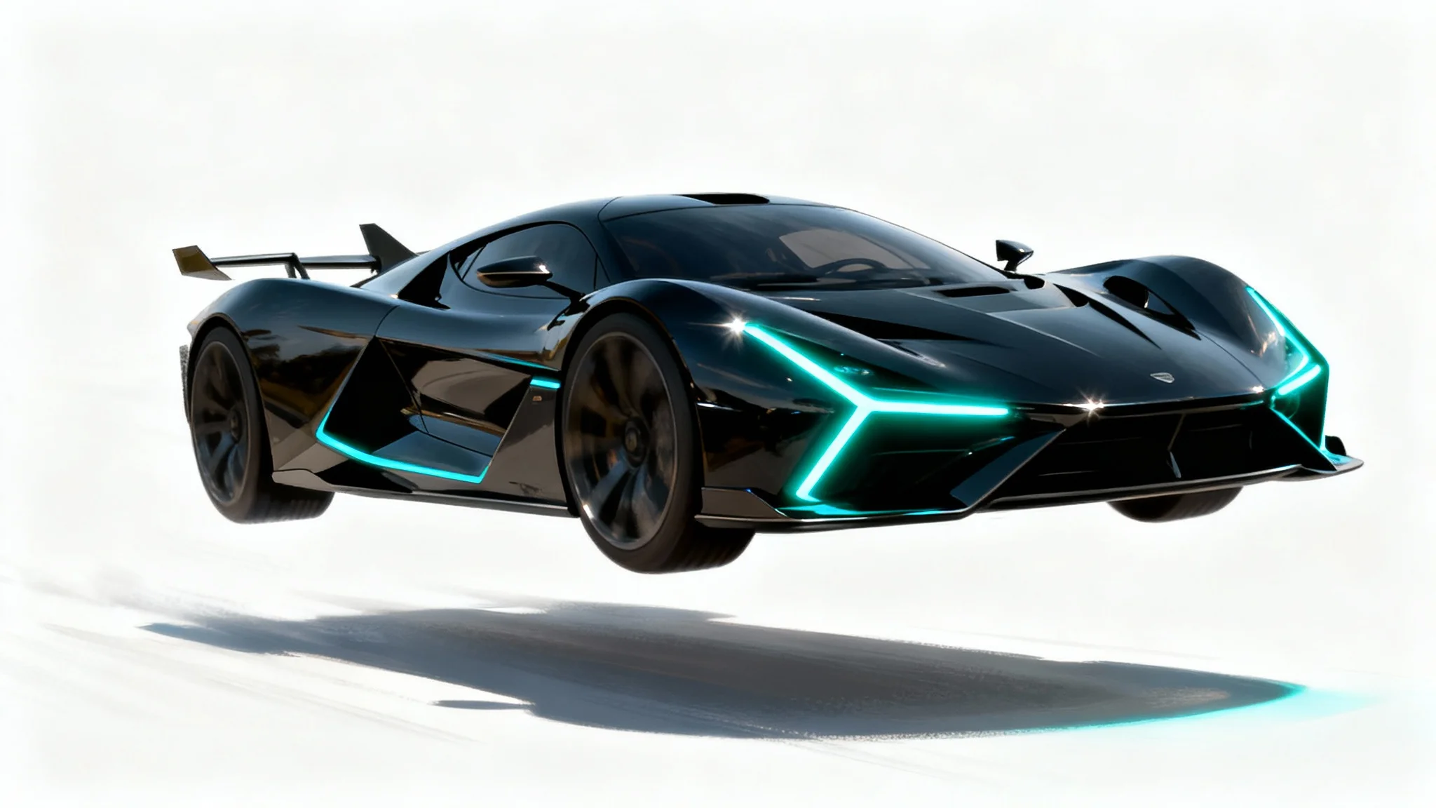A piece of vehicle concept art showing a futuristic, sleek black flying sports car with glowing cyan highlights, hovering against a stark white background.