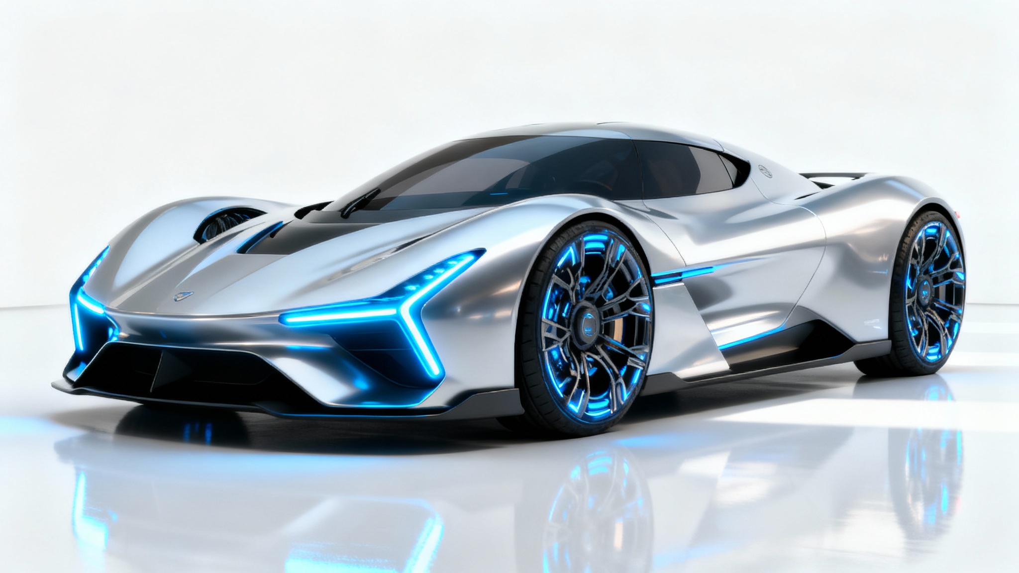 A hyper-realistic concept art image of a futuristic silver sports car with glowing blue lights, showcased in a minimalist white studio setting.