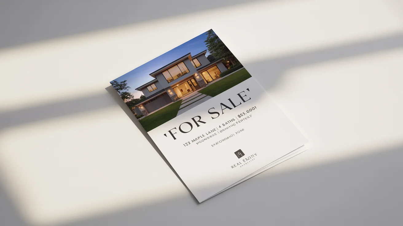 A real estate flyer for a house sale, shown in a flat lay composition on a clean white background. The flyer has a modern design, a photo of a house, and text that reads 'FOR SALE'.