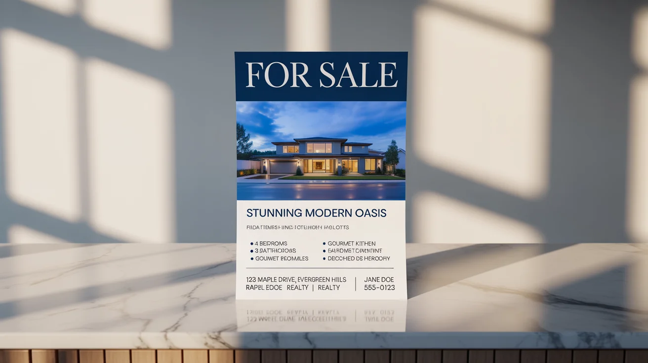 A professional mockup of a real estate flyer for a modern house for sale, displayed on a white background. The flyer features a photo of the house and lists details like '4 Bedrooms' and 'Gourmet Kitchen'.