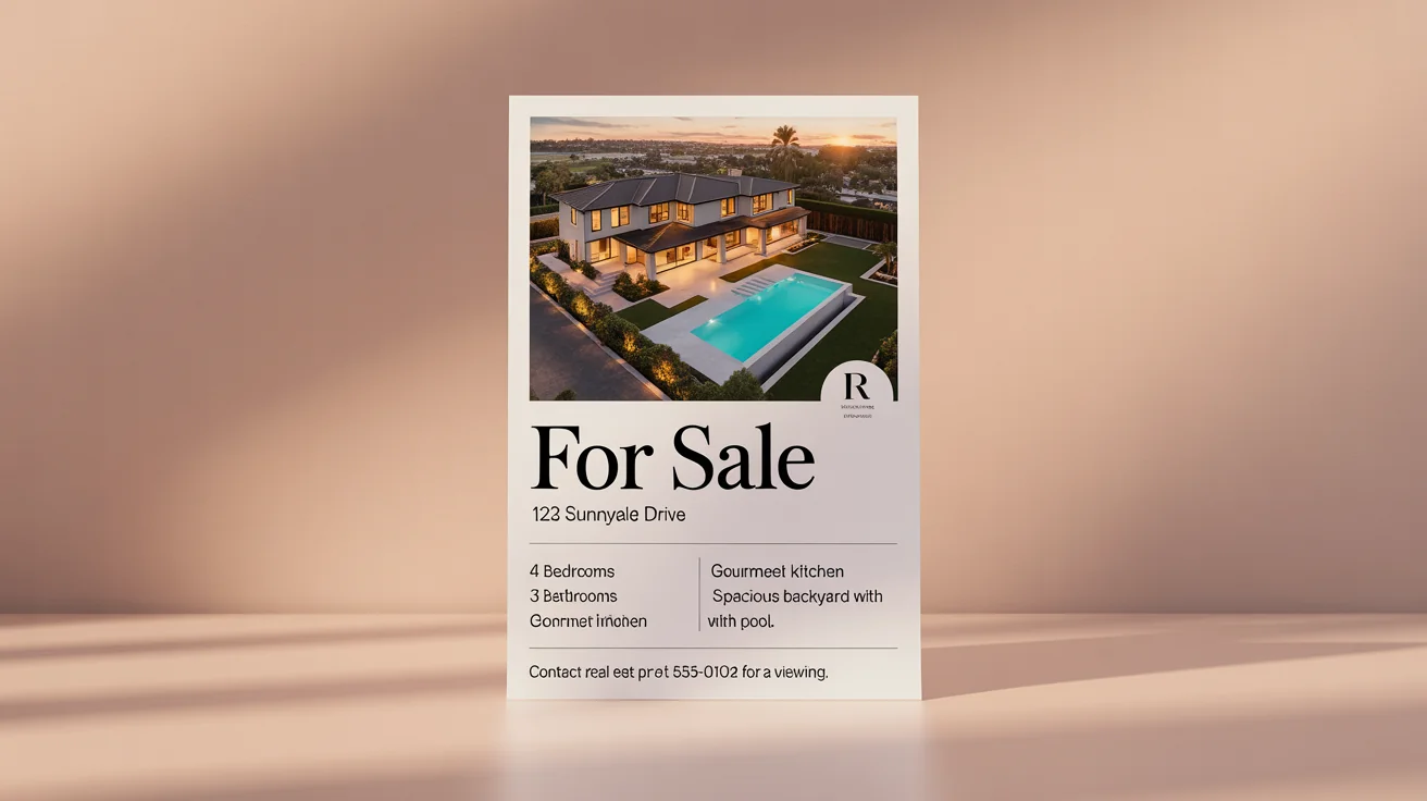 A mockup of a modern house sale flyer featuring a photo of a beautiful home, listing its features like 4 bedrooms and a pool, and providing contact information. The flyer is on a white background.
