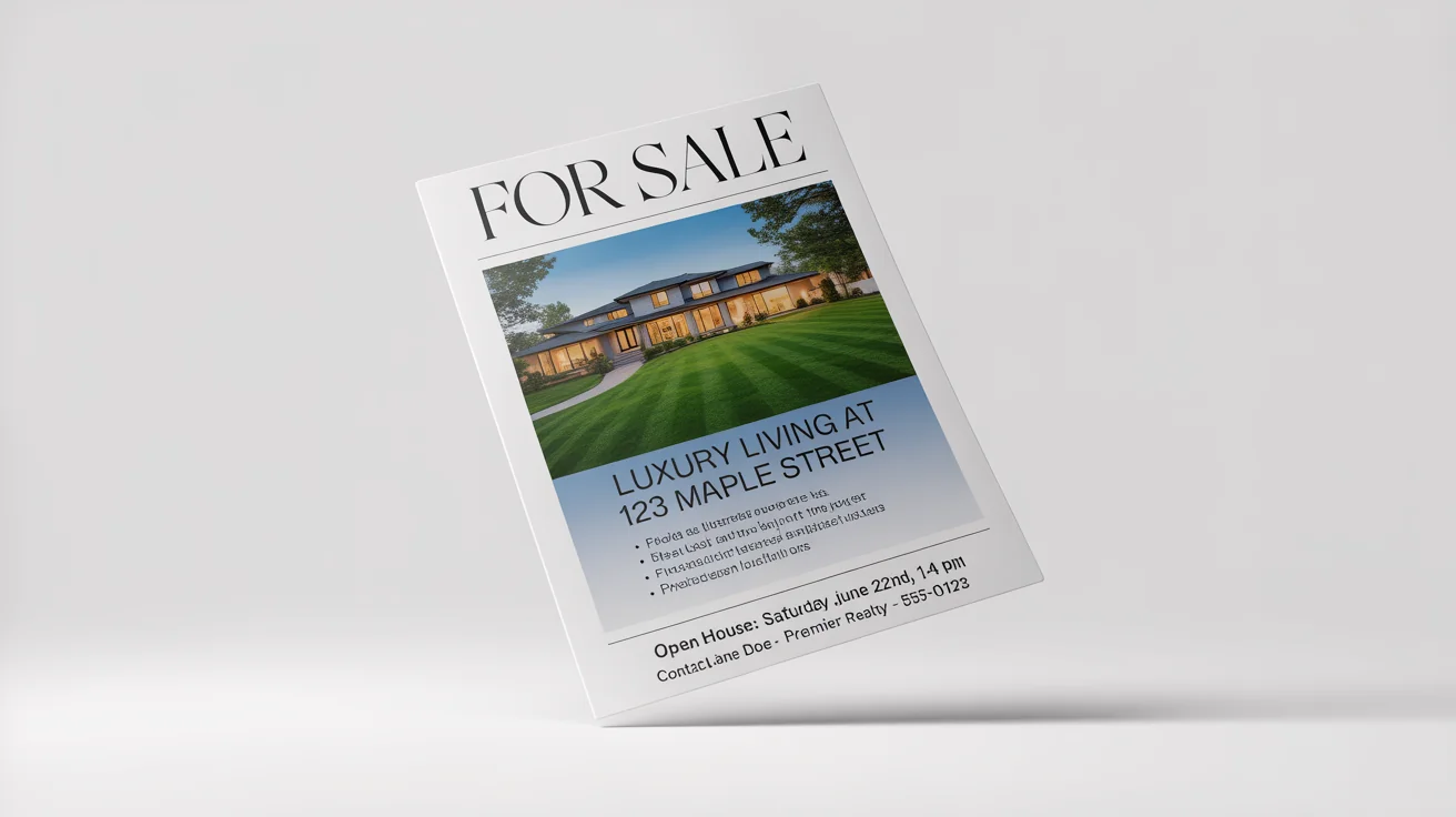A modern and clean house sale flyer mockup on a white background, featuring a photo of a suburban home and text advertising an open house.