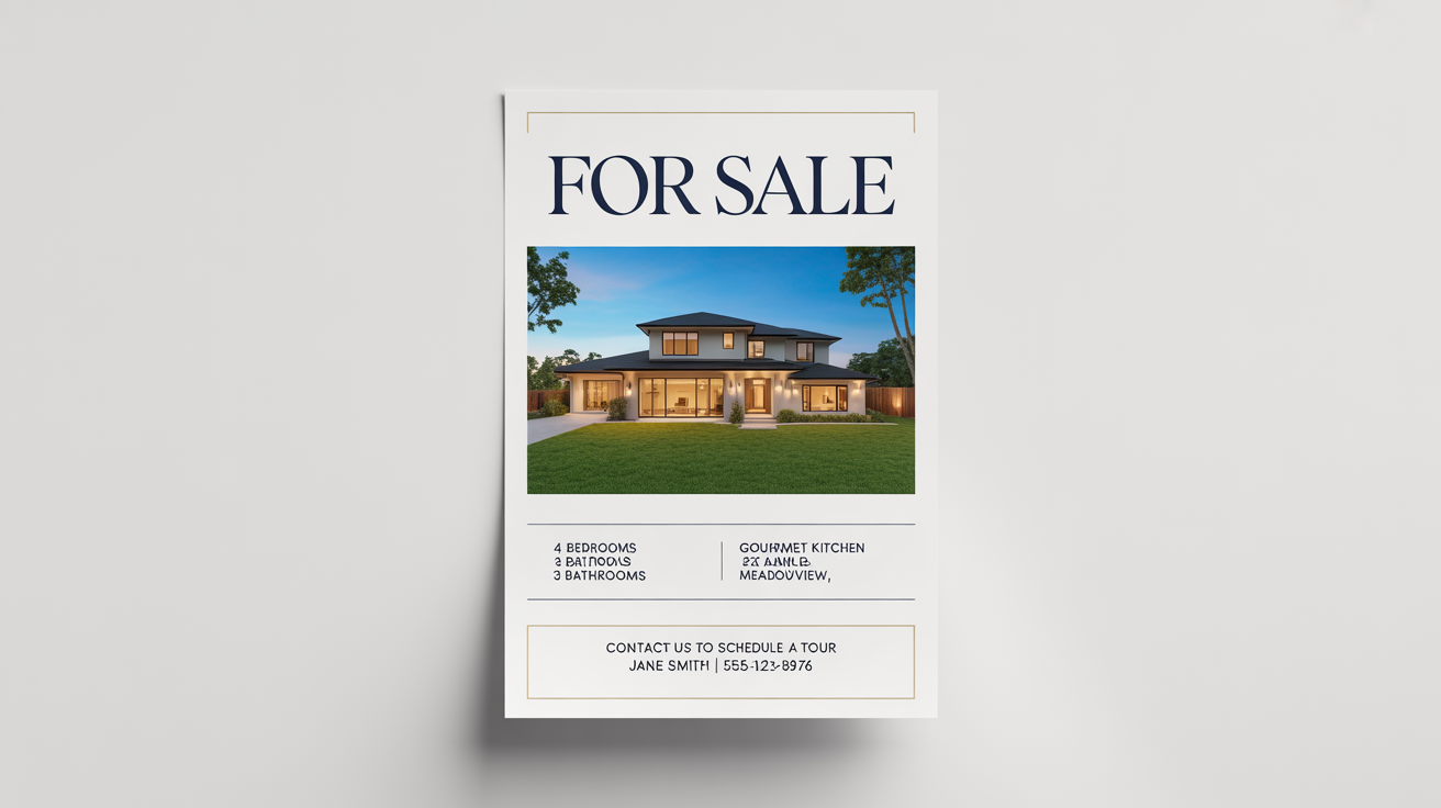 A professional real estate flyer mockup for a house sale, showcasing a modern home. The flyer includes details like 'FOR SALE', key features, and contact information, all set against a white background.