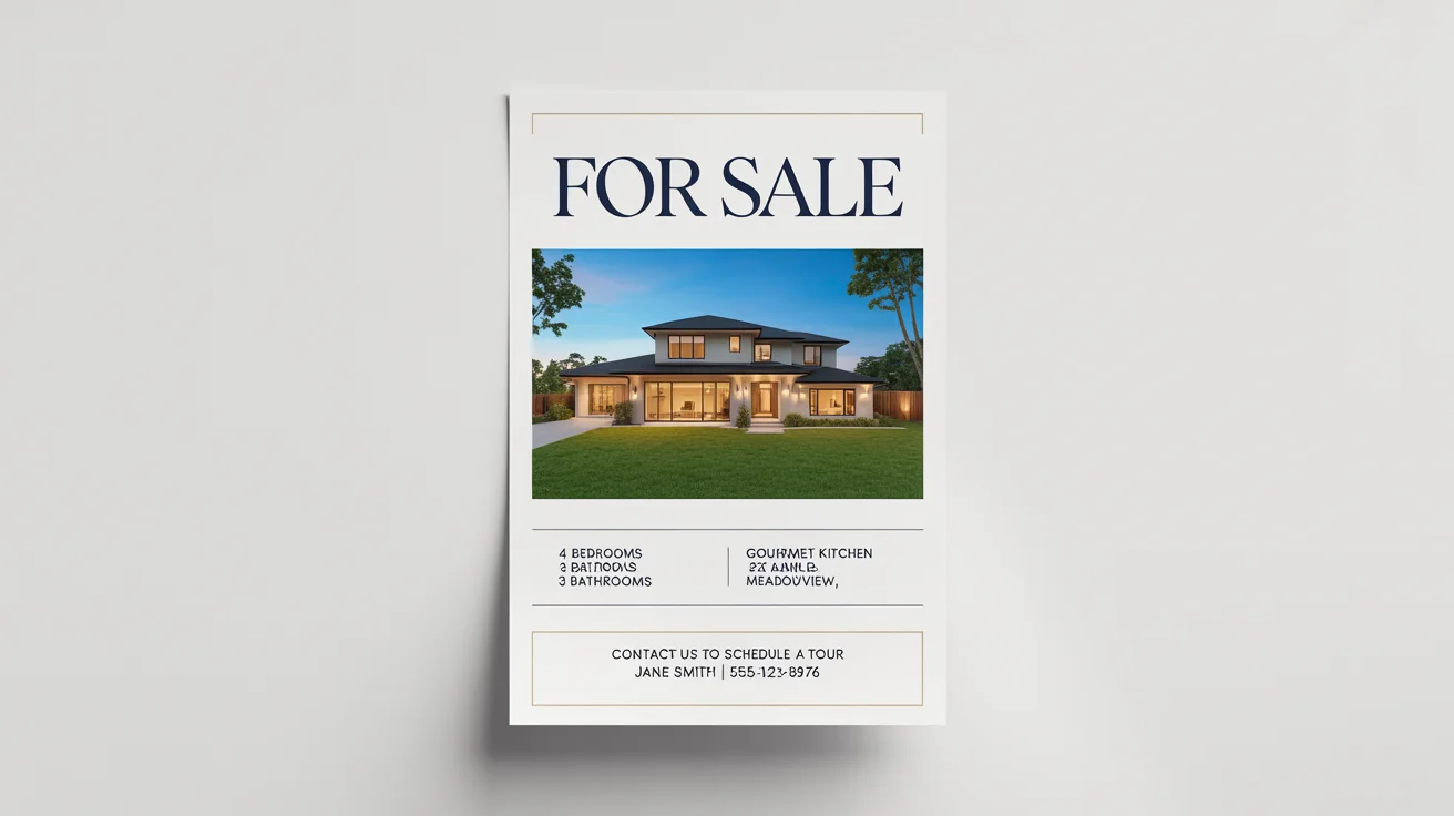 A professional real estate flyer mockup for a house sale, showcasing a modern home. The flyer includes details like 'FOR SALE', key features, and contact information, all set against a white background.