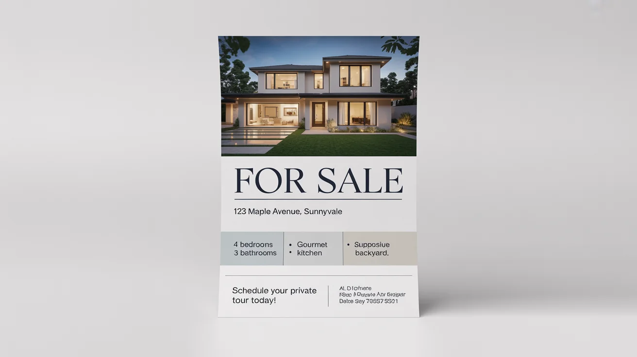 A professional real estate flyer for a house sale, featuring a photo of a modern home. The flyer includes the headline 'FOR SALE' and lists property details like '4 Bedrooms' and 'Gourmet Kitchen'.