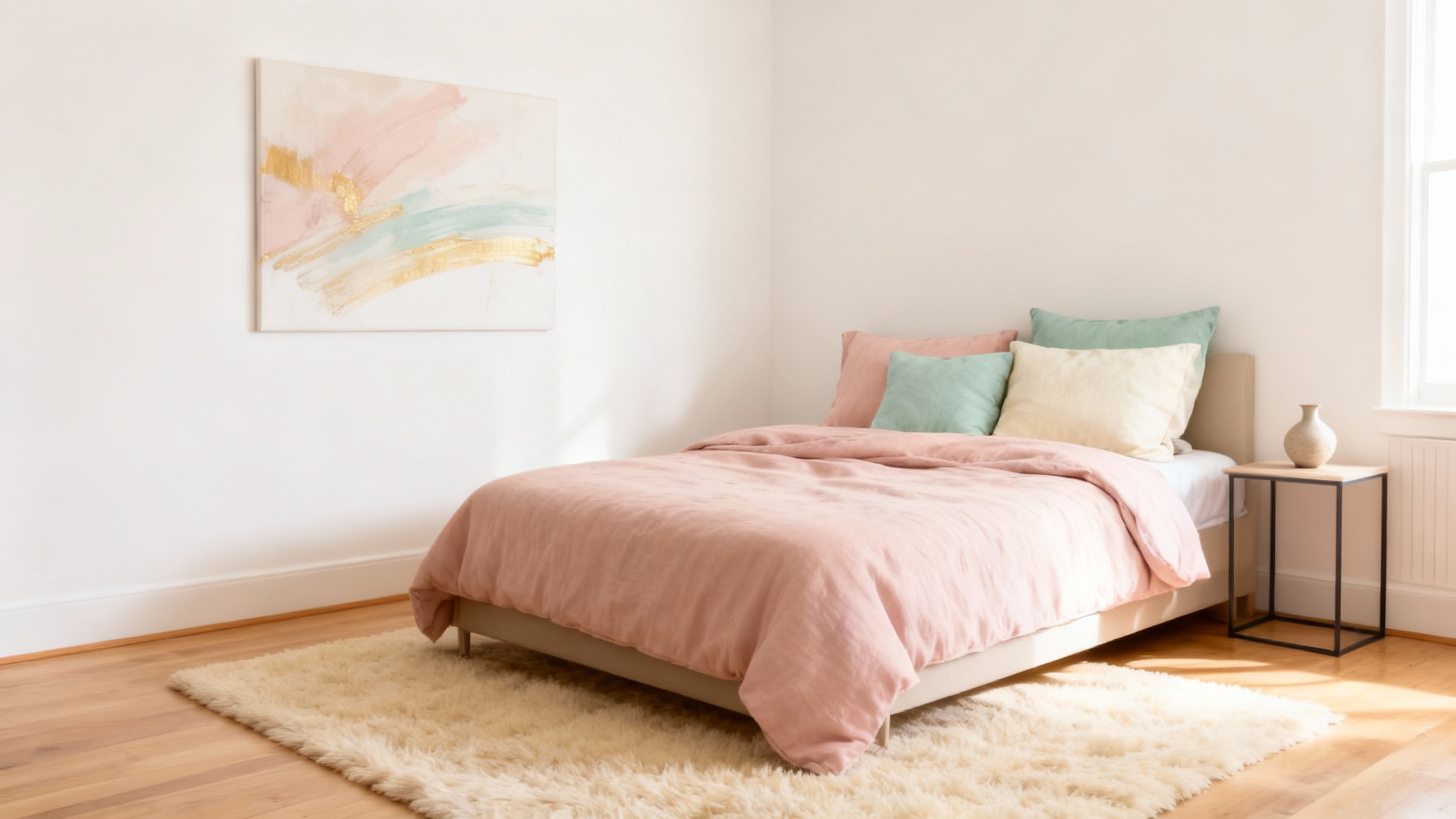 A beautifully decorated bedroom with a color palette of blush pink, mint green, and cream. The bed has a pink duvet and green and cream pillows, and the surrounding room decor, including wall art and a rug, perfectly matches these colors, showcasing a harmonious interior design.