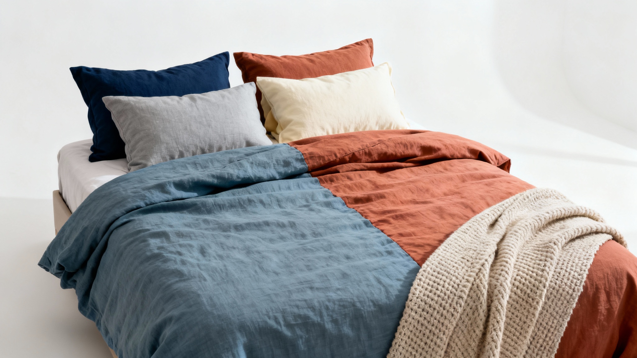 A minimalist photo of a bed with its bedding split into two color schemes: cool tones of blue and gray on one side, and warm tones of terracotta and cream on the other, against a white background.