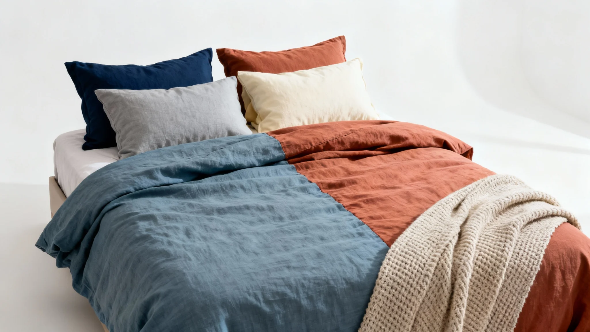 A minimalist photo of a bed with its bedding split into two color schemes: cool tones of blue and gray on one side, and warm tones of terracotta and cream on the other, against a white background.