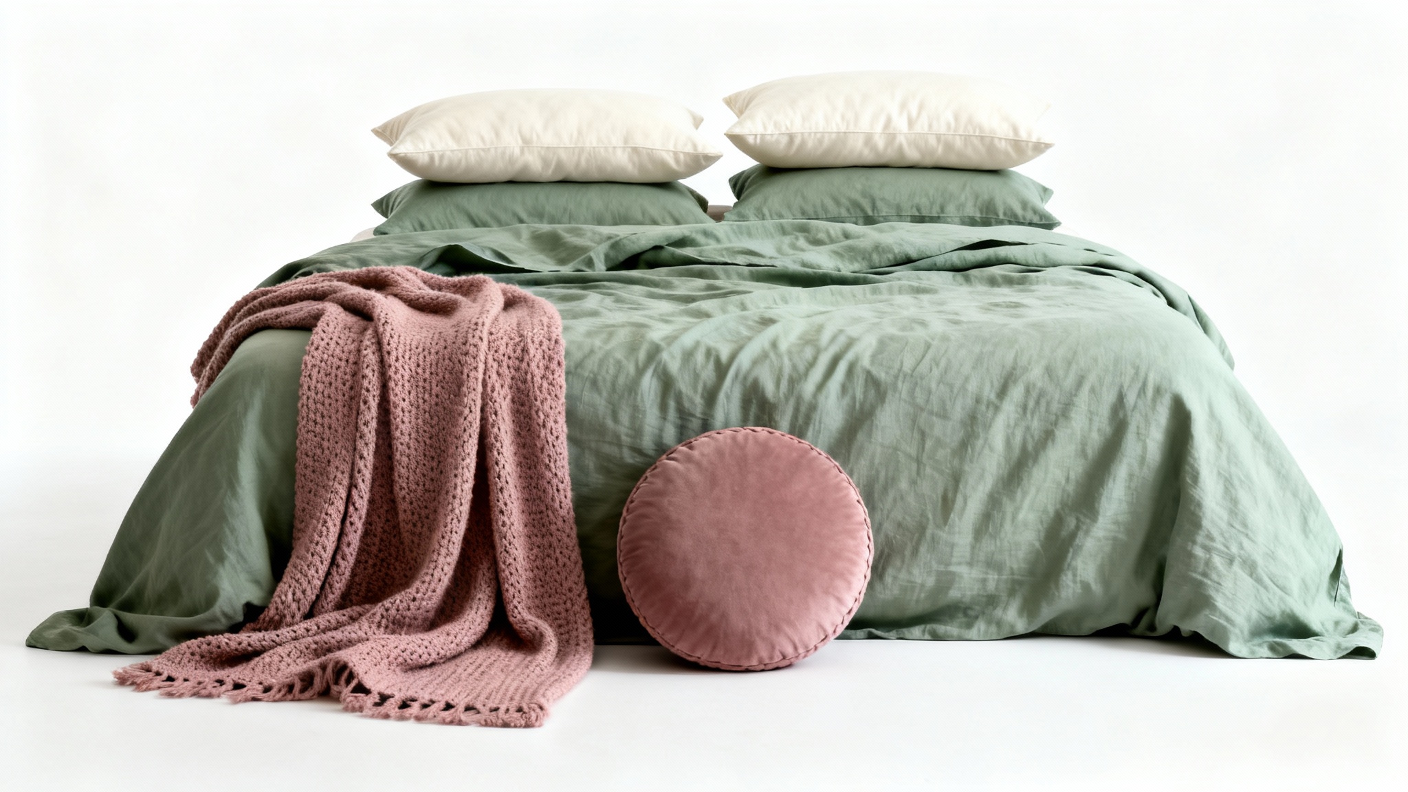 A beautifully made bed with color-coordinated bedding in sage green, dusty rose, and cream, shown against a clean white background.