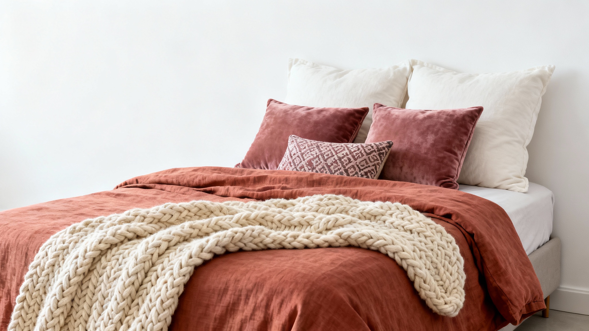 A stylishly made bed with a color-coordinated bedding set in terracotta, dusty rose, and cream, demonstrating how to match bedding colors.