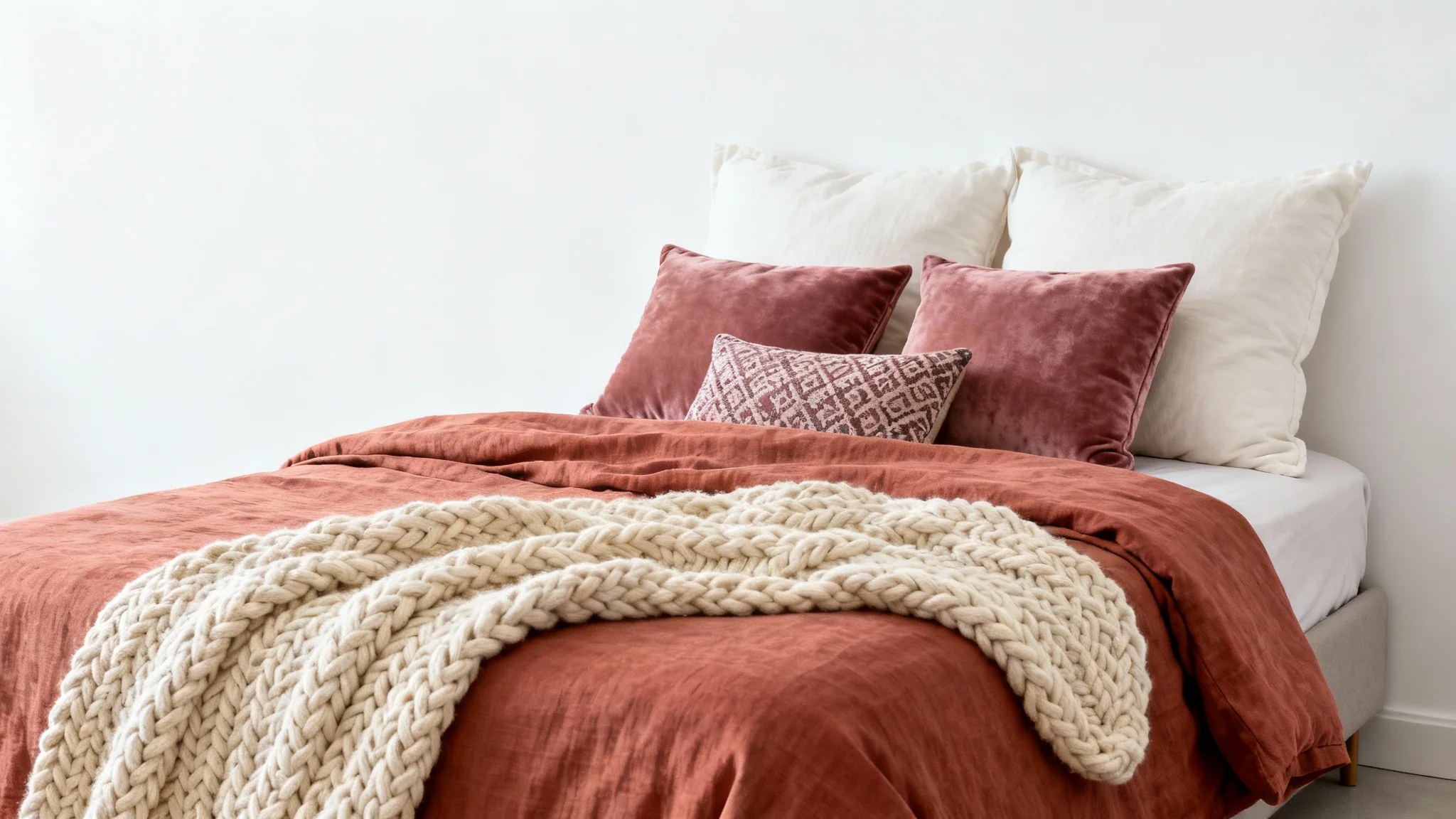 A stylishly made bed with a color-coordinated bedding set in terracotta, dusty rose, and cream, demonstrating how to match bedding colors.
