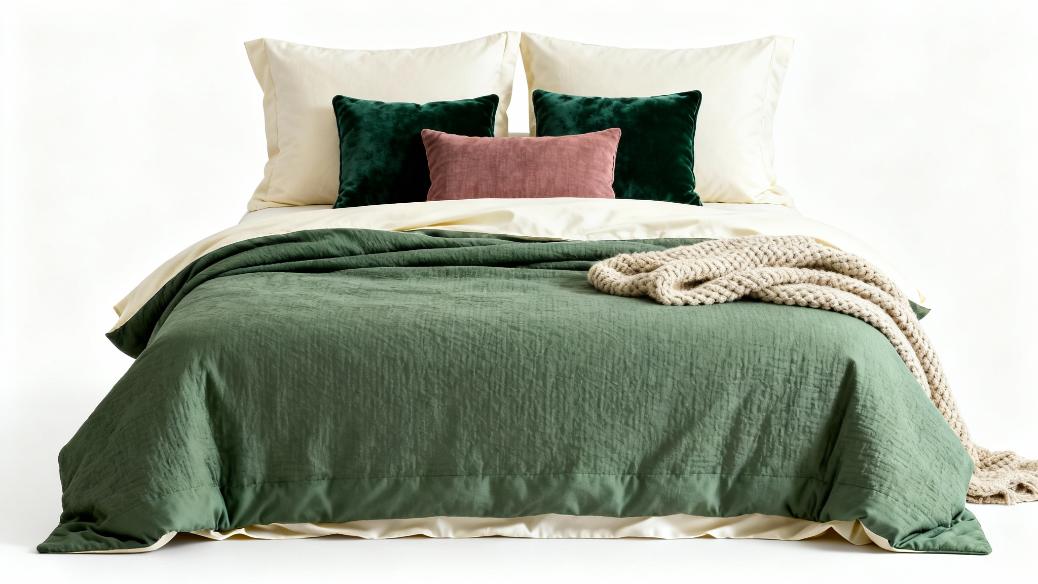 A perfectly made bed showcasing a color-coordinated bedding set with sage green, cream, forest green, and dusty rose pillows and blankets against a clean white background.