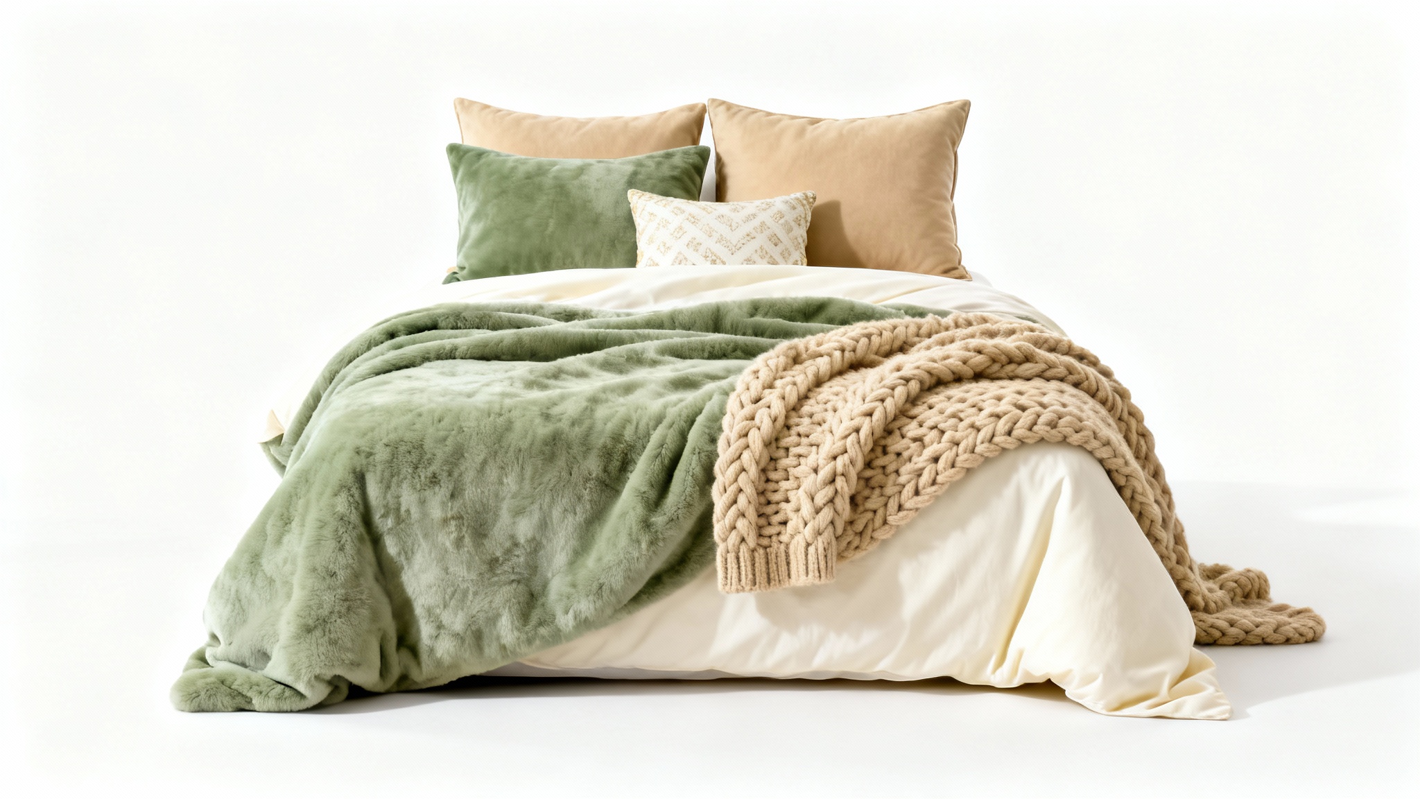 A perfectly made bed showcasing a color-matched bedding set in sage green, cream, and beige against a plain white background.